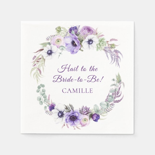 Purple Lavender White Floral Wreath Bridal Shower Napkin (Front)