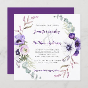 Purple Lavender White Watercolor Floral Square Invitation