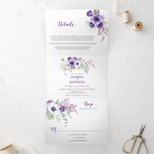 Purple Lavender White Watercolor Flowers Wedding Tri-Fold Invitation (Inside)
