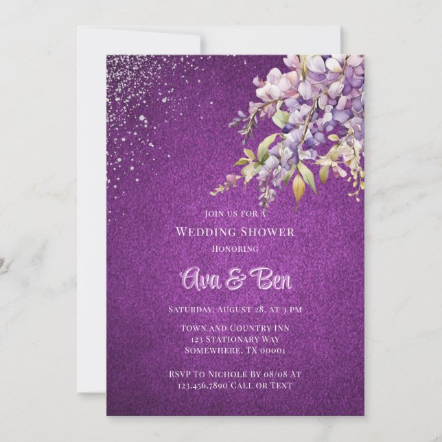 Purple Lavender Wisteria Glitter Wedding Shower Invitation (Front)