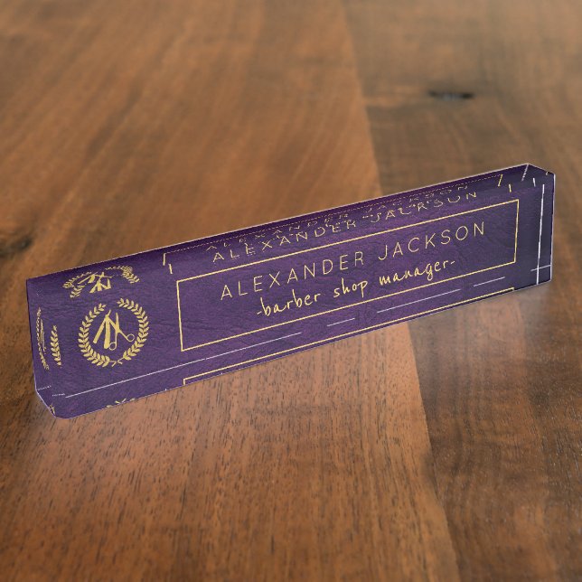 Purple Leather and Gold Logo Barber Shop Manger Nameplate (Side)
