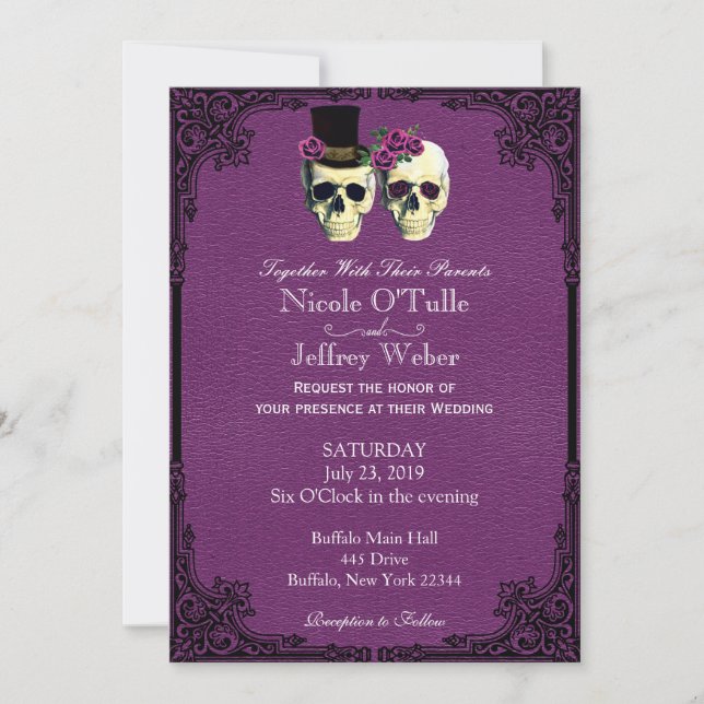 Purple Leather Goth Skull Wedding Invitation (Front)