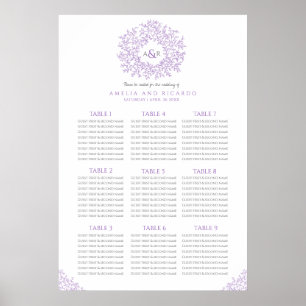 Purple leaves circle wedding seating chart poster