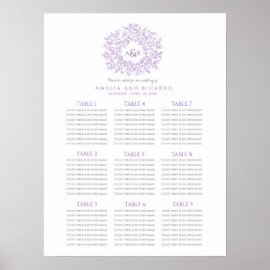 Purple leaves circle wedding seating chart poster