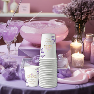 Purple Leaves Gold Tiara Quinceañera Paper Cups
