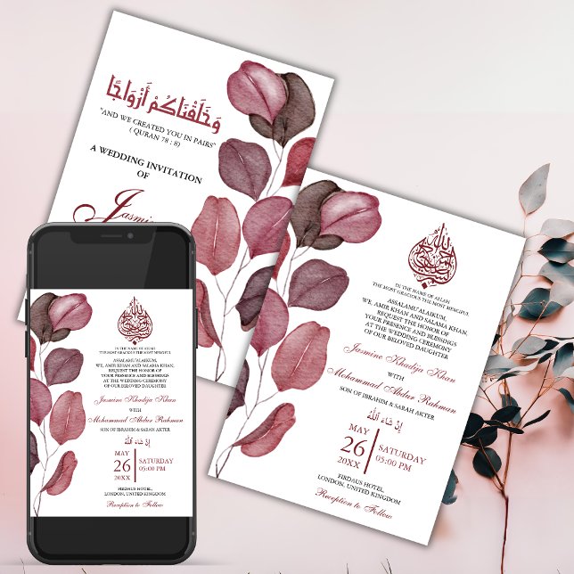 Purple Leaves Minimalist Muslim Wedding Nikah Invitation (Creator Uploaded)