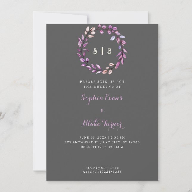 Purple Leaves Monogrammed Wreath Dark Grey Wedding Invitation (Front)