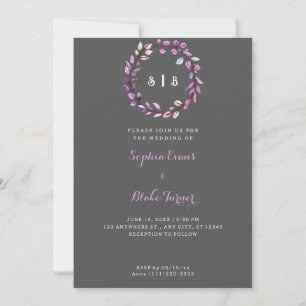 Purple Leaves Monogrammed Wreath Dark Grey Wedding Invitation