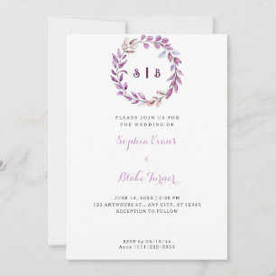 Purple Leaves Monogrammed Wreath White Wedding Invitation