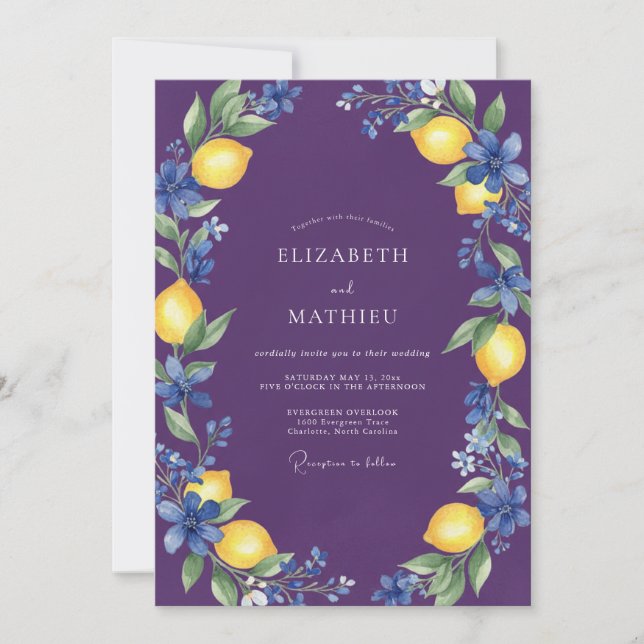 Purple Lemon Citrus Eucalyptus Wedding Invitation (Front)