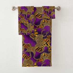 Purple Leopard Gold Baroque Luxury Bath Towel Set