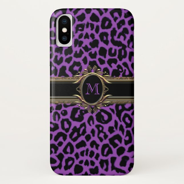Purple Leopard Monogram Animal Print iPhone X Case (Back)