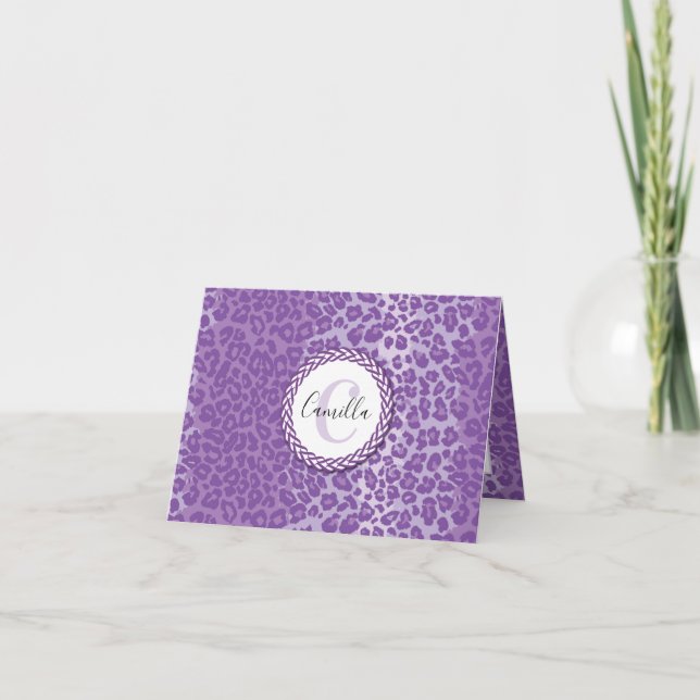 Purple Leopard Pattern w/ Custom Monogram & Name Thank You Card (Front)