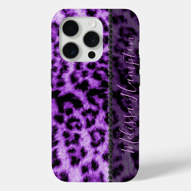 Purple Leopard Print & Black Diamonds – Add Name Case-Mate iPhone Case (Back)