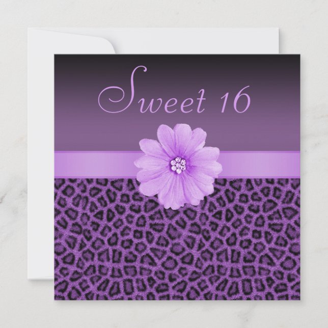 Purple Leopard Print  & Bling Flower Sweet 16 Invitation (Front)