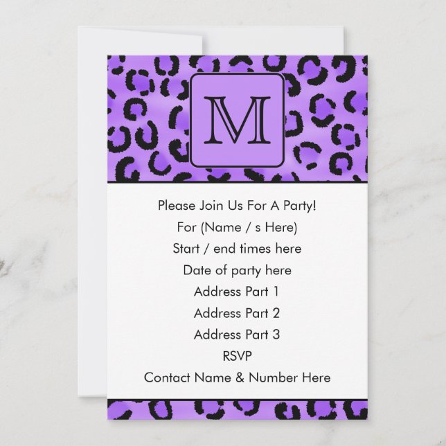 Purple Leopard Print Custom Monogram. Invitation (Front)