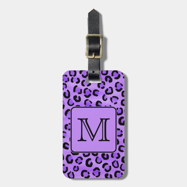 Purple Leopard Print Custom Monogram. Luggage Tag (Front Vertical)