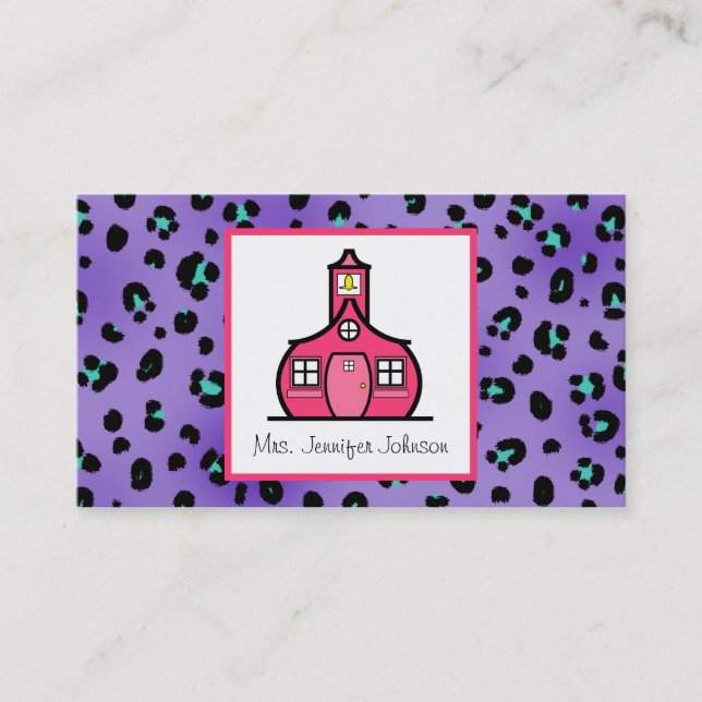 Purple Leopard Print Pink Schoolhouse Teacher Business Card (Front)