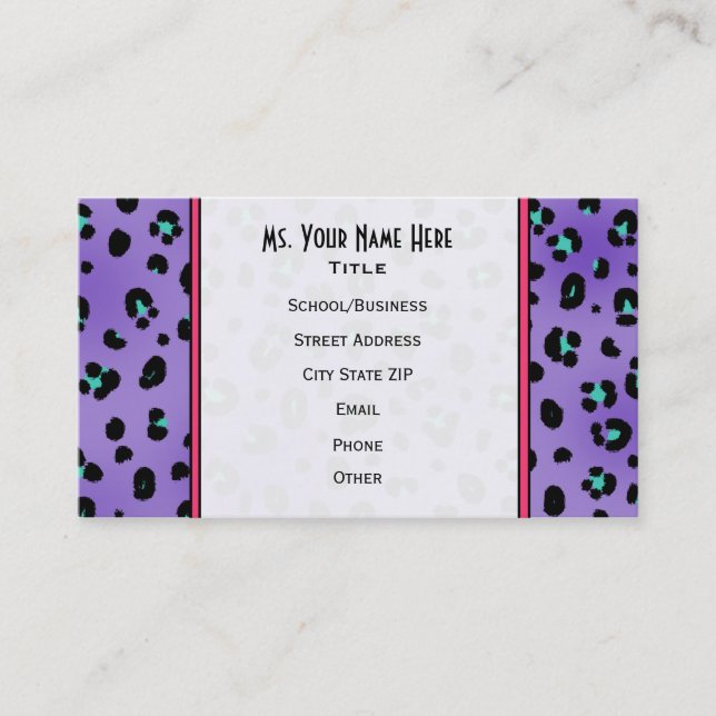 Purple Leopard Print Teacher Fashion Business Card (Front)