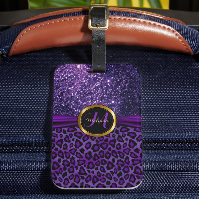 Purple Leopard Skin and Glitter - Monogram Luggage Tag (Front Insitu 2)