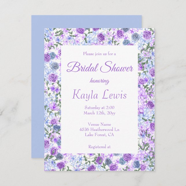 Purple & Light Blue Rose Border Bridal Shower Invitation (Front/Back)