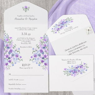 Purple, Light Blue Rose Garden Bouquet Wedding All In One Invitation