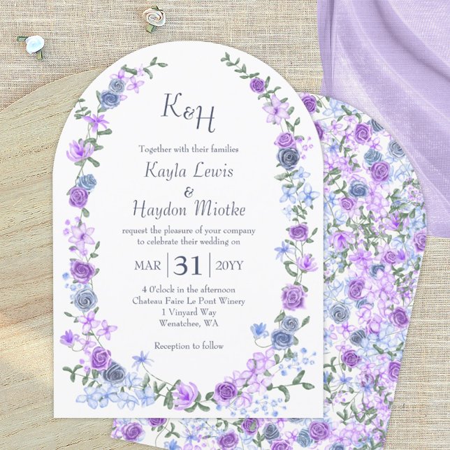 Purple & Light Blue Rose Garden Wedding Arches Invitation (purple lavender blue roses arched wedding invitation, rose garden arches, rose vines)