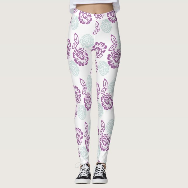Purple & Light Blue Roses Pattern Leggings (Front)