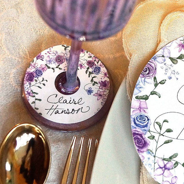Purple & Light Blue Roses Wine Glass Tag Labels (purple wedding table name place card for reception table decor, lavender lilac rose garden name tags)