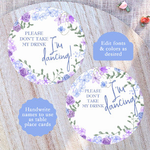 Purple, Light Blue Wedding Place Card Name Tag Round Paper Coaster