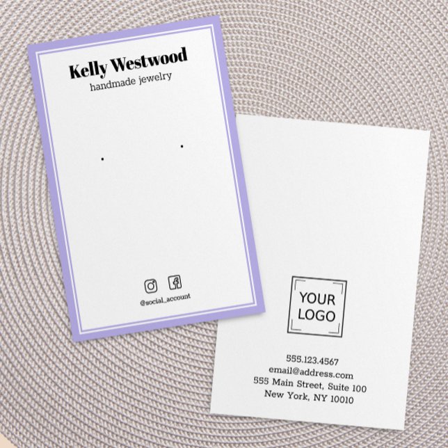 PURPLE LIGHT EARRING DISPLAY LOGO SOCIAL ICON BUSINESS CARD (PURPLE LIGHT DOUBLE BORDER MODERN SIMPLE EARRING DISPLAY CARDS)