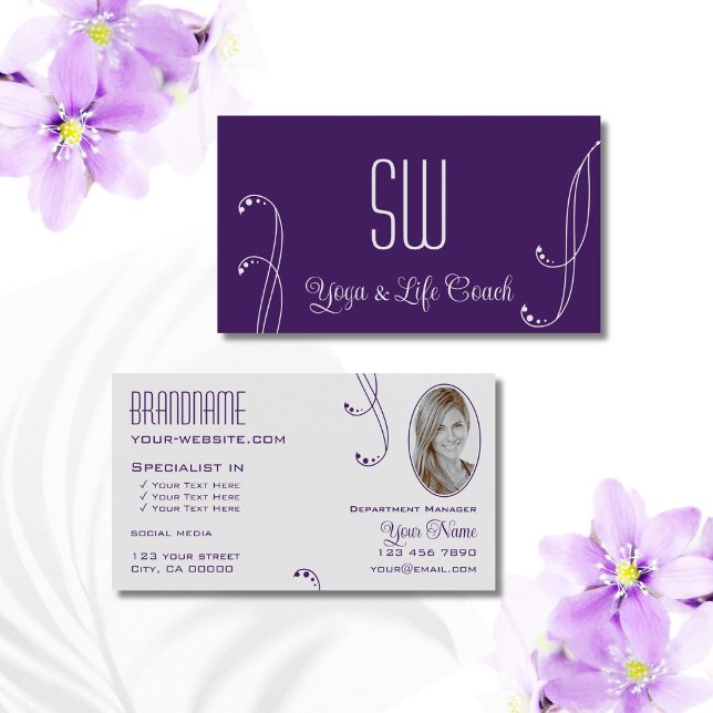 Purple Light Grey Ornate with Monogram and Photo Business Card (Creator Uploaded)