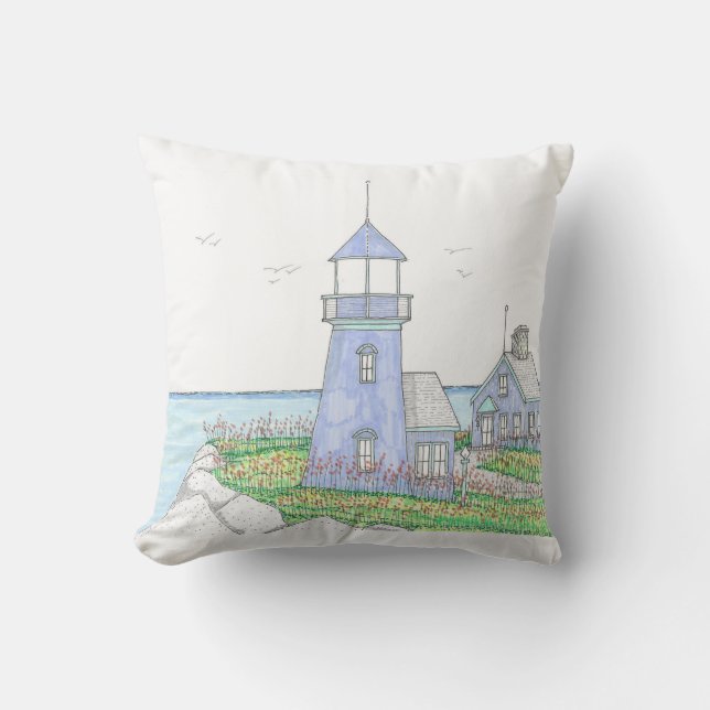 Purple Lighthouse Outdoor Pillow; Lavender Cushion (Front)