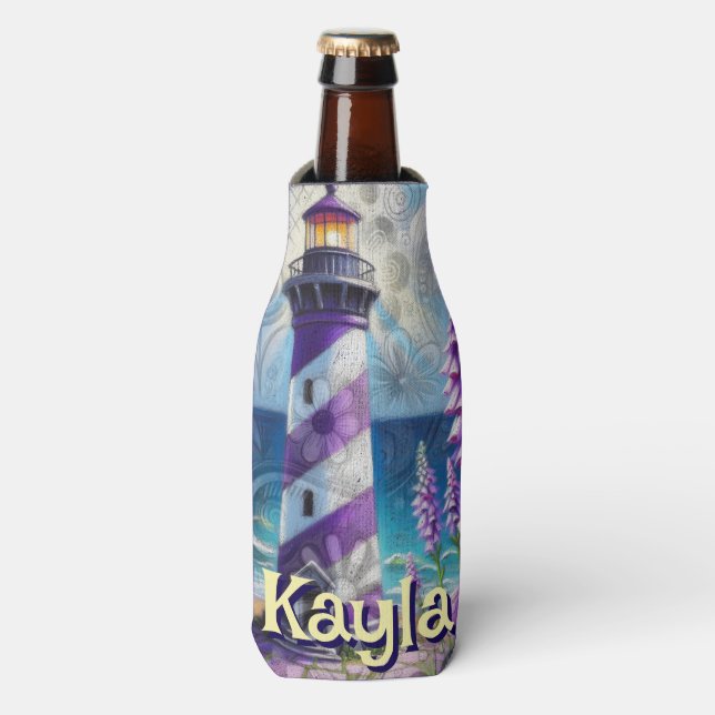 Purple Lighthouse w/Foxglove & Iris Personalised Bottle Cooler (Bottle Front)