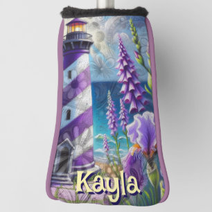 Purple Lighthouse w/Foxglove & Iris Personalised Golf Head Cover