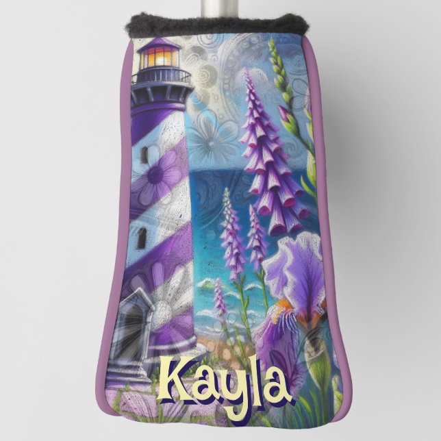 Purple Lighthouse w/Foxglove & Iris Personalised Golf Head Cover (Rotate 90)