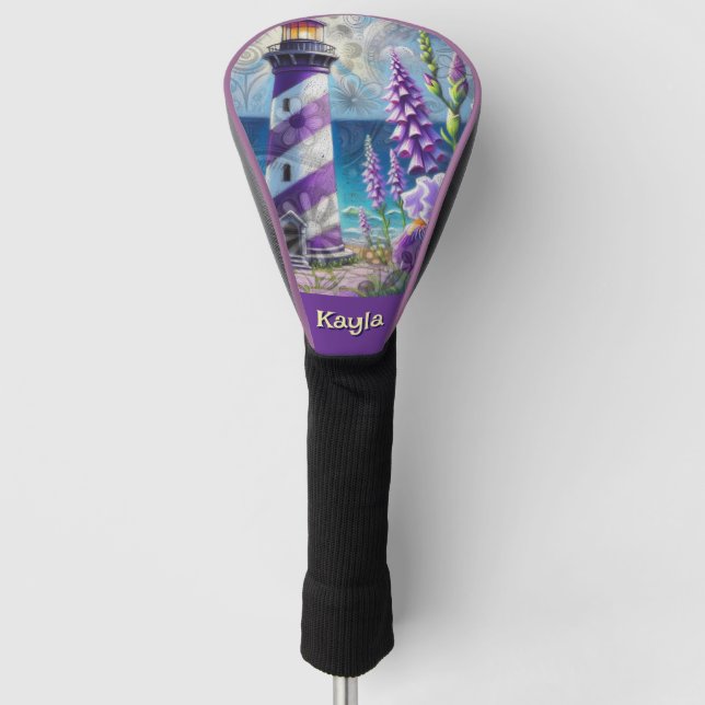 Purple Lighthouse w/Foxglove & Iris Personalised Golf Head Cover (Front)