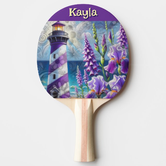 Purple Lighthouse w/Foxglove & Iris Personalised Ping Pong Paddle (Front)
