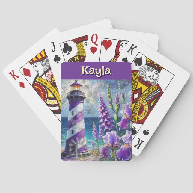 Purple Lighthouse w/Foxglove & Iris Personalised Playing Cards (Back)