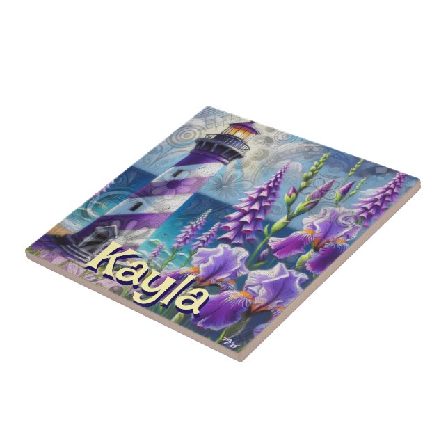 Purple Lighthouse w/Foxglove & Iris Personalised Tile (Side)