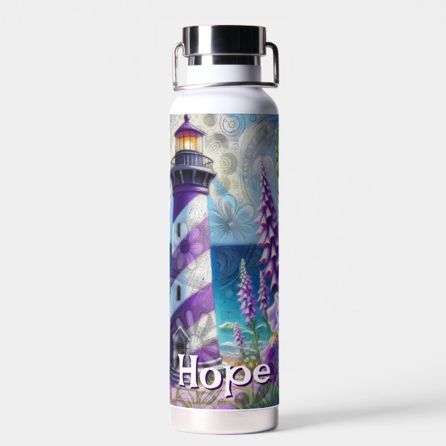 Purple Lighthouse w/Foxglove & Iris Personalised Water Bottle (Back)