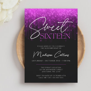 Purple Lights Black Sweet 16 Invitation