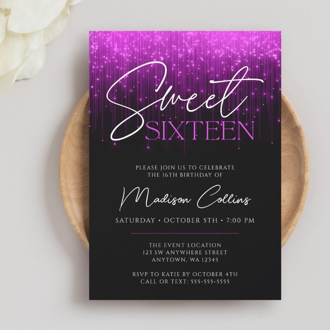 Purple Lights Black Sweet 16 Invitation (Creator Uploaded)