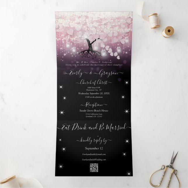 Purple Lights Blush Pink Heart Leaf Wedding Tri-Fold Invitation (Inside)