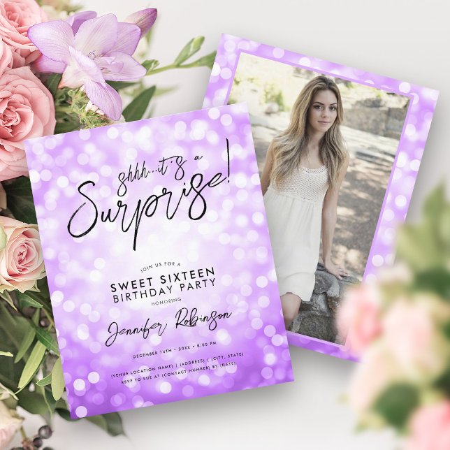 Purple Lights Photo Surprise Sweet 16 Invites  (Purple Lights Photo Surprise Sweet 16 Invites )