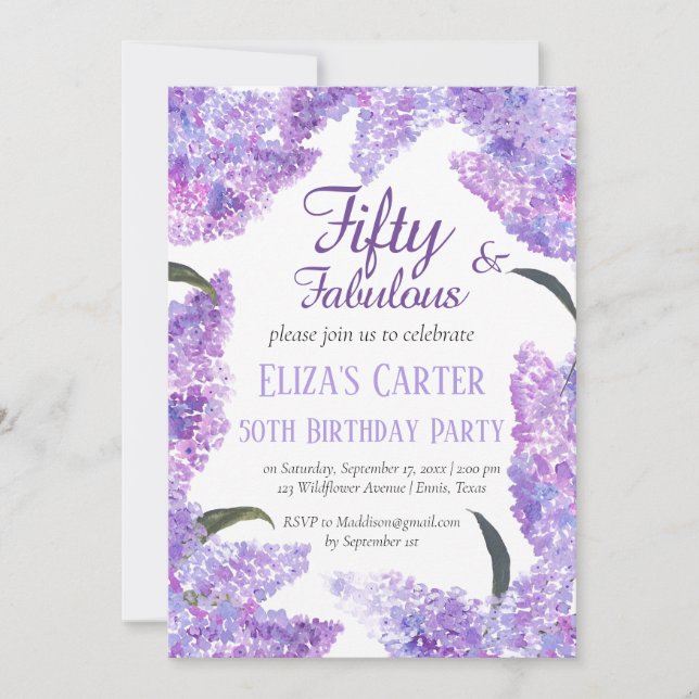 Purple Lilac 50th Fifty Botanical Birthday  Invitation (Front)