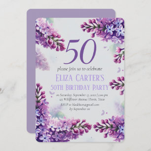 Purple Lilac 50th Floral Elegant Birthday Invitation