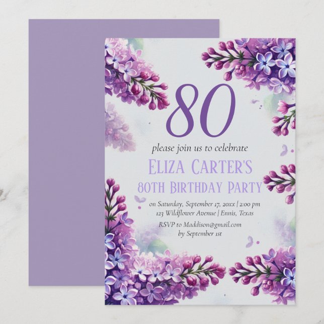 Purple Lilac 80th Floral Elegant Birthday  Invitation (Front/Back)