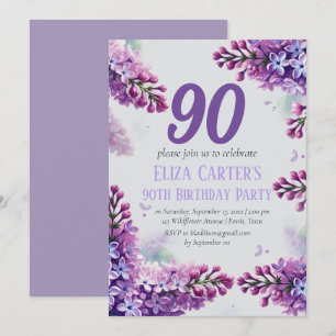 Purple Lilac 90th Floral Elegant Birthday  Invitation