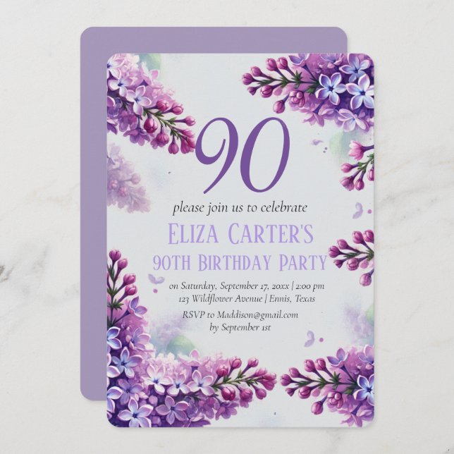 Purple Lilac 90th Floral Elegant Birthday  Invitation (Front/Back)